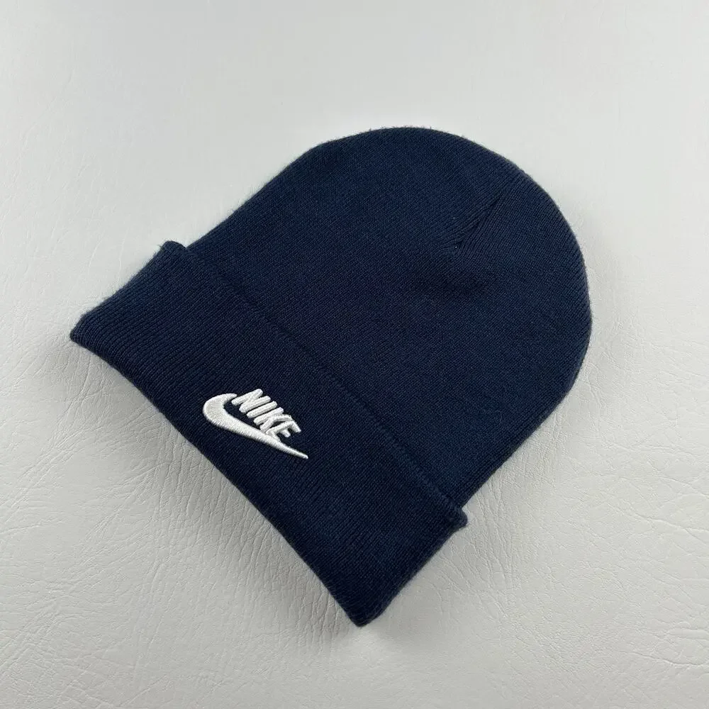 Nike Navy Cuffed Beanie Hat Embroidered Logo One Size Unisex Adult Knit